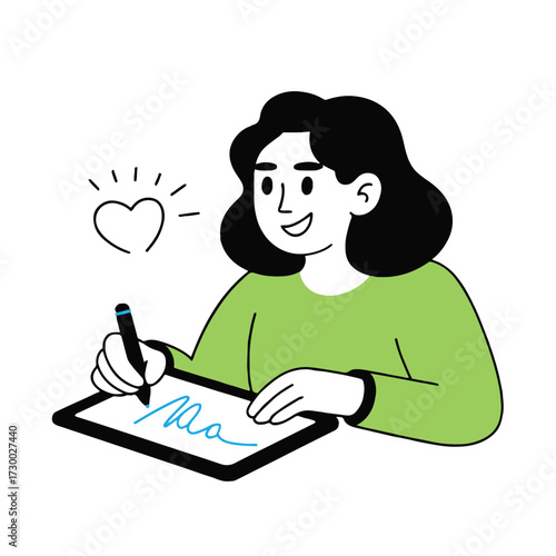 Vector art of a woman is writing on a tablet with a pen, with a heart floating above her she is smiling and appears to be happy