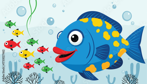 Vector art of a large, friendly blue fish with yellow spots swims alongside a school of smaller, colorful fish in a whimsical underwater scene with bubbles and seaweed 
