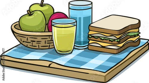 a picnic basket filled with green apples a glass of juice two glasses of water and a sandwich on a blue checkered tray