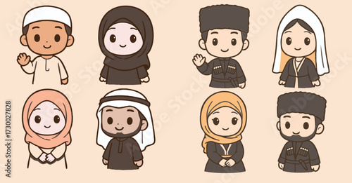 Cute cartoon illustration of Muslim and Caucasian kids in traditional clothing. Boys and girls in hijab, abaya, keffiyeh, and cherkesska. Cultural diversity and traditional attire set