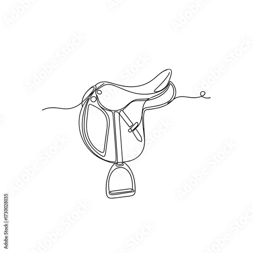Horse saddle outline drawing in minimal line art on white background