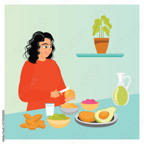 Fruit diet concept. Woman Preparing Fresh Fruit Breakfast in Modern Kitchen.