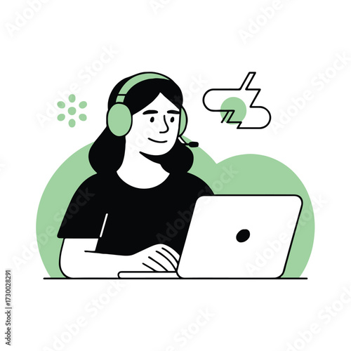 Vector art of a young woman with a headset is working on a laptop, with cloud symbols in the background