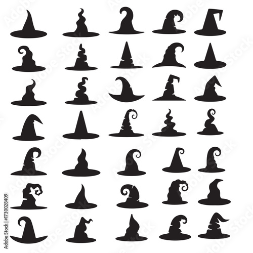Diverse collection of spooky witch hats for halloween and costume design projects silhouette