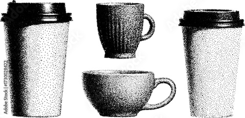 Collection of coffee containers including a ceramic cup and takeaway mug. Minimal vector illustration featuring a black dot texture.