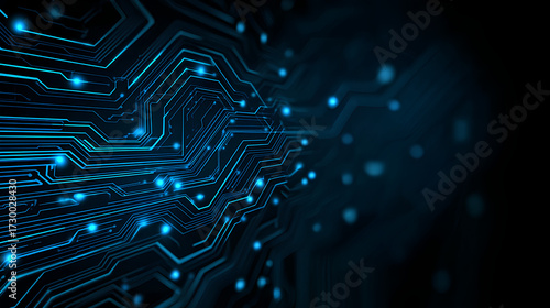 Circuit blue board texture on black technology web banner background. AI chip innovation concept. Tech pattern on a futuristic backdrop. Digital vector illustration Stock Vector