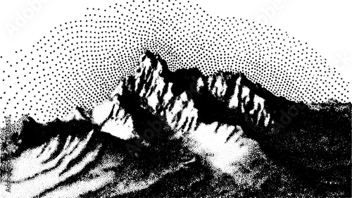 Black and white mountainous landscape with dot pattern. Simple vector illustration featuring abstract hills in a set design.