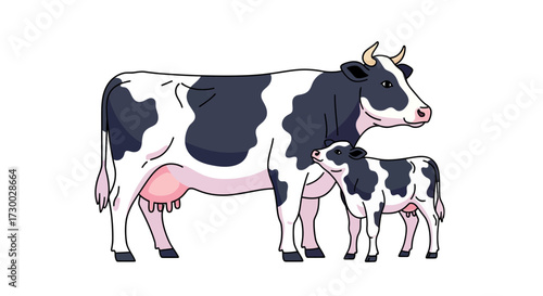 Cartoon illustration of a black and white cow standing next to a calf.