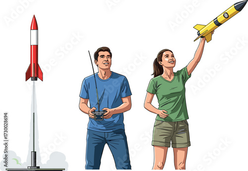 Man and woman launching toy rockets, model rocket hobby, space exploration activity, outdoor science experiment, educational aerospace fun, DIY rocket project