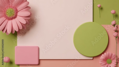 A pink and green palette with flowers. Pink and green daisy flower. Mockup. 