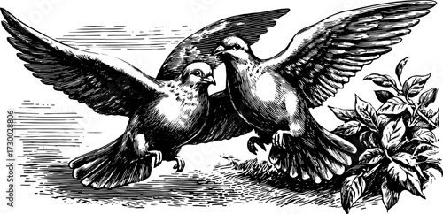 Bird couple flying with outstretched wings, detailed line illustration. Vintage vector art set featuring leaves and branches in a natural setting.