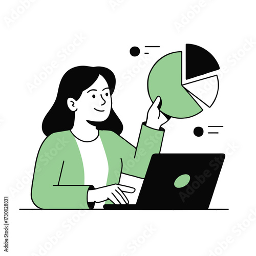 Vector art of a woman is holding a pie chart while working on a laptop, this represents data visualization and business intelligence