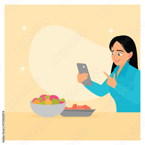 Food Content marketing concept. Woman takes photos of food at restaurant using smart phone.