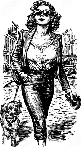 A woman walking her dog on an urban street. Black and white fashion vector illustration in a casual style with sunglasses.