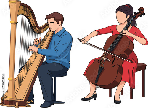 Man playing harp, woman playing cello, classical musicians performing together, orchestral music performance, string instruments, live concert, elegant musical illustration