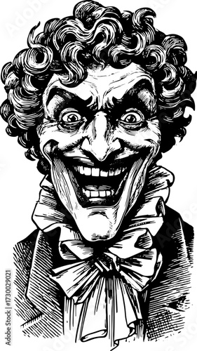 Clown face illustration in black and white. Vintage cartoon featuring exaggerated features and large smile in a detailed vector artwork style.