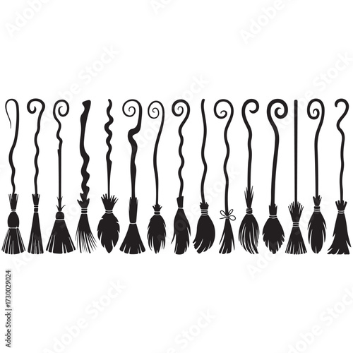 Collection of silhouetted witch brooms with ornate handles and bristles for halloween decor silhouette