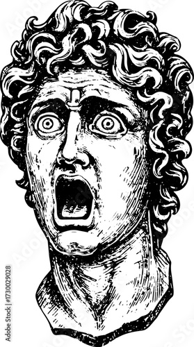 Dramatic statue face with an expressive scream. Detailed vector illustration in black and white, featuring a vintage bust and emotional features.