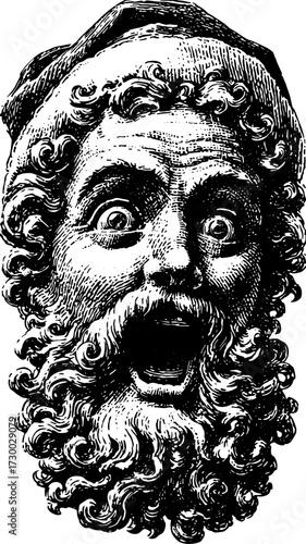Face with an intense expression portrayed in vintage black and white engraving. This detailed illustration features a male character's facial features in vector style.