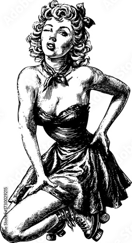 Vintage woman in a roller skate dress pose. Black and white vector illustration showcasing retro fashion style.
