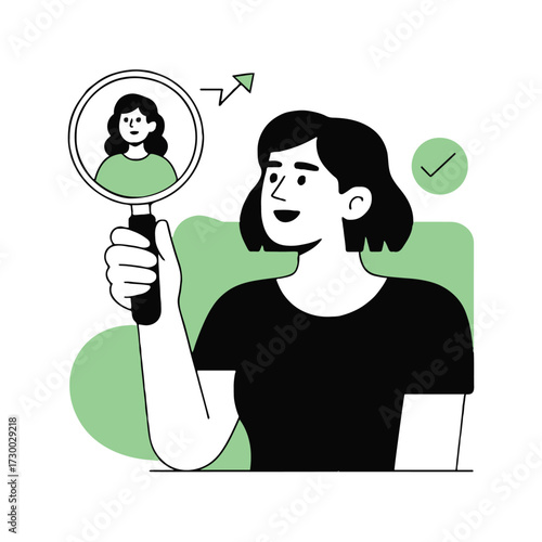 Vector art of a woman is looking at herself in a magnifying glass, which is surrounded by an arrow and a check mark