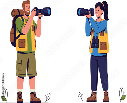 Male and female wildlife photographers with cameras, outdoor adventure photography, professional nature exploration, travel photography concept, hiking photography lifestyle illustration