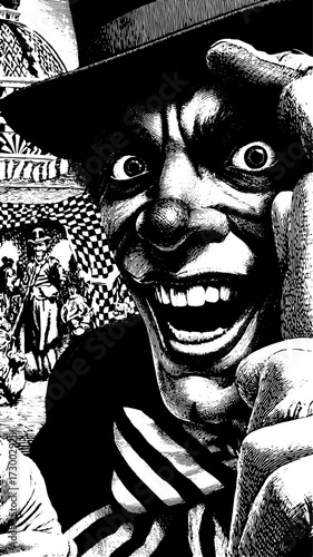 Clown face vector illustration with exaggerated smile and expressive features. Black and white vintage artwork showcasing details in a playful set.