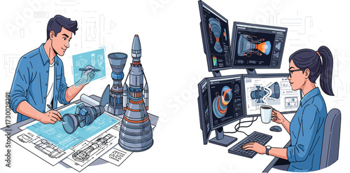 Engineers working on space exploration project, designing rocket models, aerospace technology development, scientific research, futuristic innovation, engineering teamwork, spacecraft 