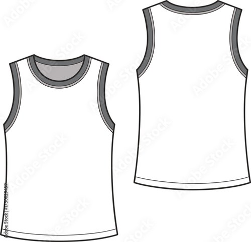 Flat technical vector sketch of unisex sleeveless tank top with contrast trim, crew neck, front and back view CAD illustration