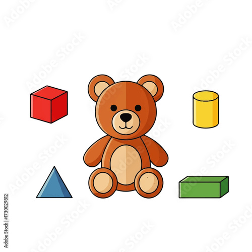 Cute cartoon teddy bear surrounded by colorful geometric shapes, educational toy concept