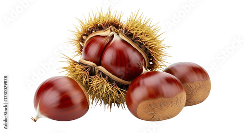 Ripe Chestnuts and Spiky Burr Isolated Transparent Background
