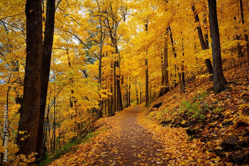 Obraz premium Autumn forest path with colorful foliage and golden leaves