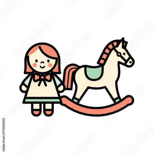 Adorable Illustration of a Little Girl with a Rocking Horse, Ready for Playtime Fun