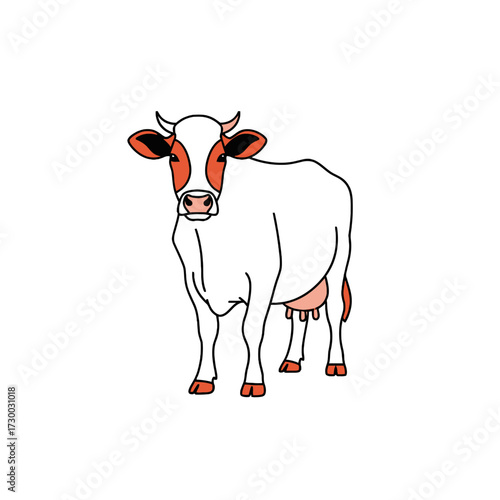 White cow with red spots standing and looking at the camera.