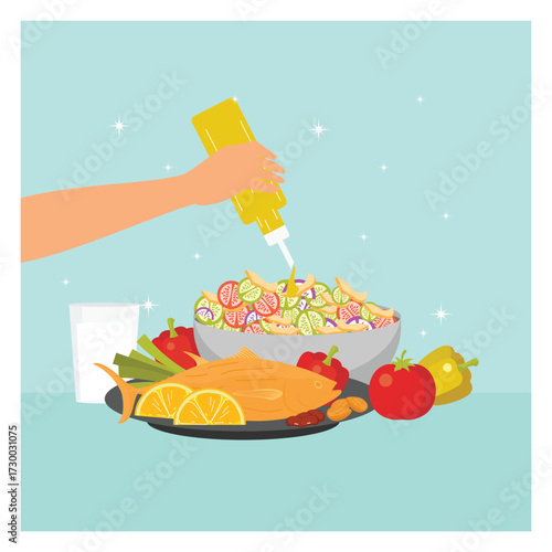 Mediterranean diet concept. A girl makes a vegetable salad at home, with vegetables and fish.