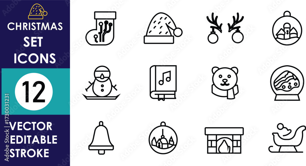 Fototapeta premium The image displays a Christmas icon set with twelve outlined vector designs including stockings, Santa hat, reindeer antlers, snowman, music book, bear, snow globe, and sleigh
