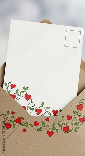 Blank Love Note in Envelope with Hearts.