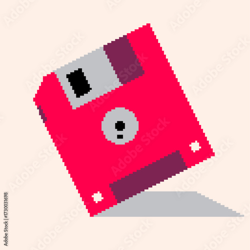 Red Floppy Disk in Back View and bended in 45 degrees, Pixel Art Flat Style Illustration