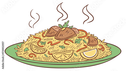 Delicious biryani rice with meat, spices, and lemon slice illustration