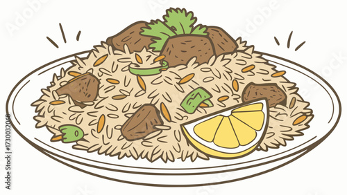 Delicious biryani rice with meat, spices, and lemon slice illustration