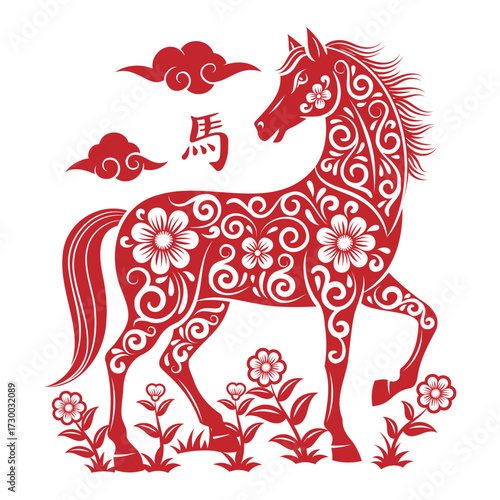 Chinese New Year 2026 Zodiac Sign with  papercut style. Translation : Horse