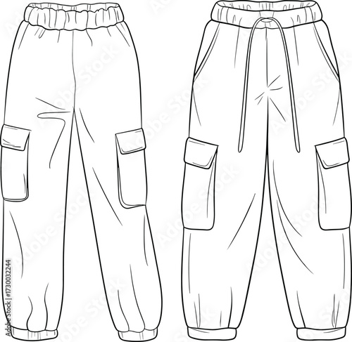 Flat vector cad drawing of cargo jogger pants with elastic waistband and pockets, technical fashion sketch for apparel design