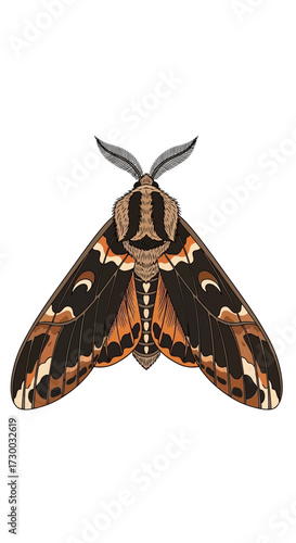 Moth with dark brown and orange wings isolated on white background.