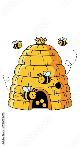 Cartoon beehive with bees flying around it on a white background.