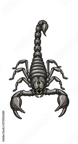 A scorpion illustration with detailed texture and shading against a white background.