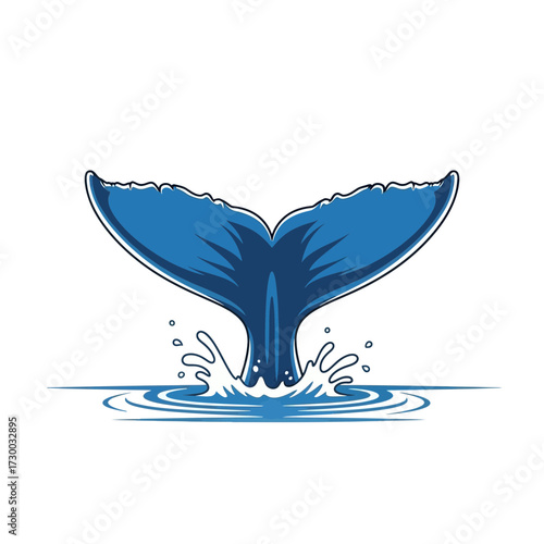 Blue whale tail emerging from water with splash isolated on white background.