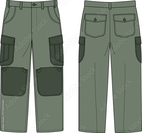Flat vector CAD drawing of cargo pants with flap pockets, contrast panels, back view detailing, utility fashion, technical sketch design