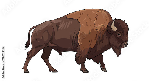 Illustration of a brown bison with horns standing on a white background.