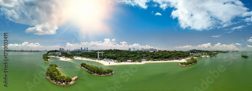 Photography Panoramic aerial perspective of Sentosa Island highlighting coastline, attractio