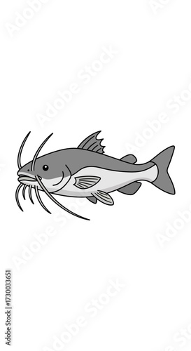 Cartoon catfish illustration gray and white isolated on a white background.